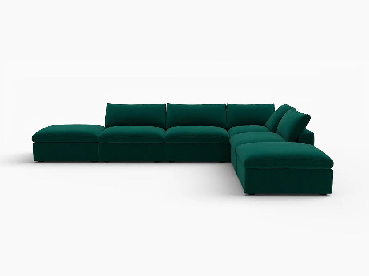 Deluxe Cloud 4-Seater Sofa Set in Gem Green Velvet | 6-Piece (Includes 2 Ottomans), Easy To Clean, Modern Style