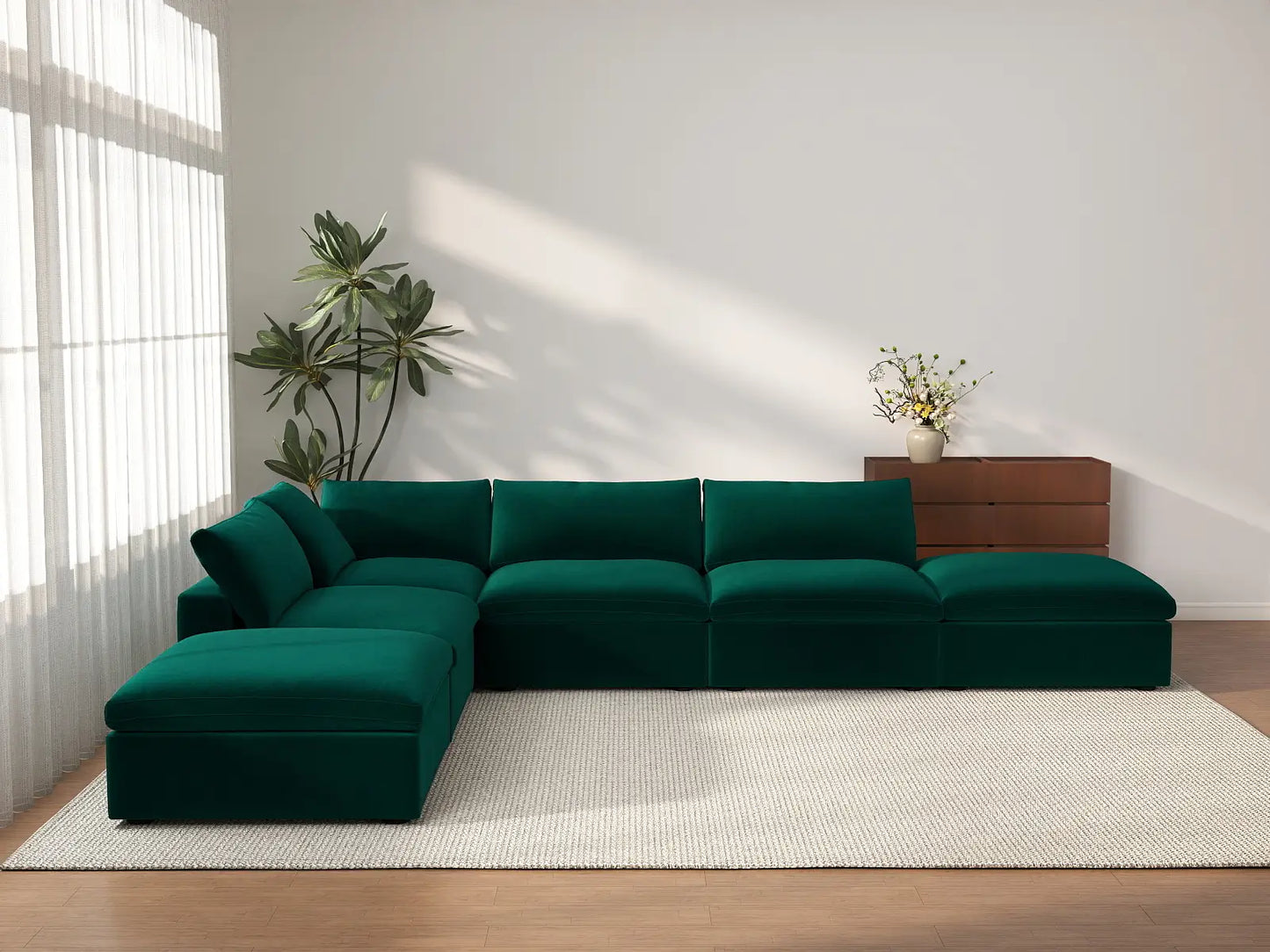 Deluxe Cloud 4-Seater Sofa Set in Gem Green Velvet | 6-Piece (Includes 2 Ottomans), Easy To Clean, Modern Style