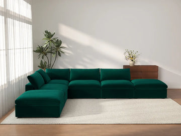 Deluxe Cloud 4-Seater Sofa Set in Gem Green Velvet | 6-Piece (Includes 2 Ottomans), Easy To Clean, Modern Style