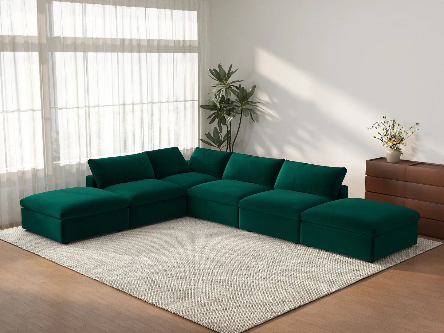 Deluxe Cloud 4-Seater Sofa Set in Gem Green Velvet | 6-Piece (Includes 2 Ottomans), Easy To Clean, Modern Style