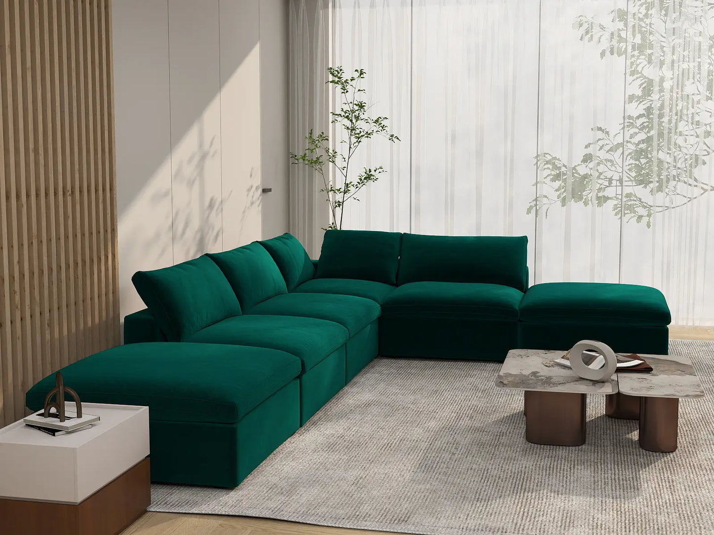 Deluxe Cloud 4-Seater Sofa Set in Gem Green Velvet | 6-Piece (Includes 2 Ottomans), Easy To Clean, Modern Style
