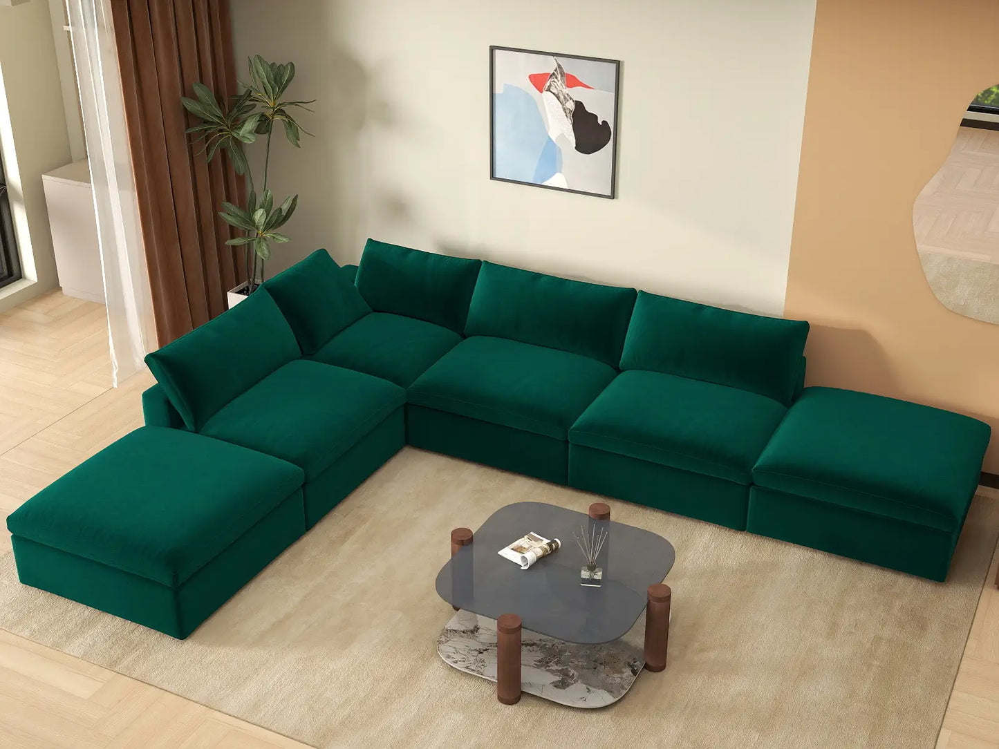 Deluxe Cloud 4-Seater Sofa Set in Gem Green Velvet | 6-Piece (Includes 2 Ottomans), Easy To Clean, Modern Style