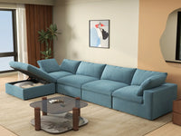 Deluxe Cloud 4-Seater Sofa Set in Light Blue Velvet | 5-Piece (Includes 1 Ottoman), Easy To Clean, Modern Style