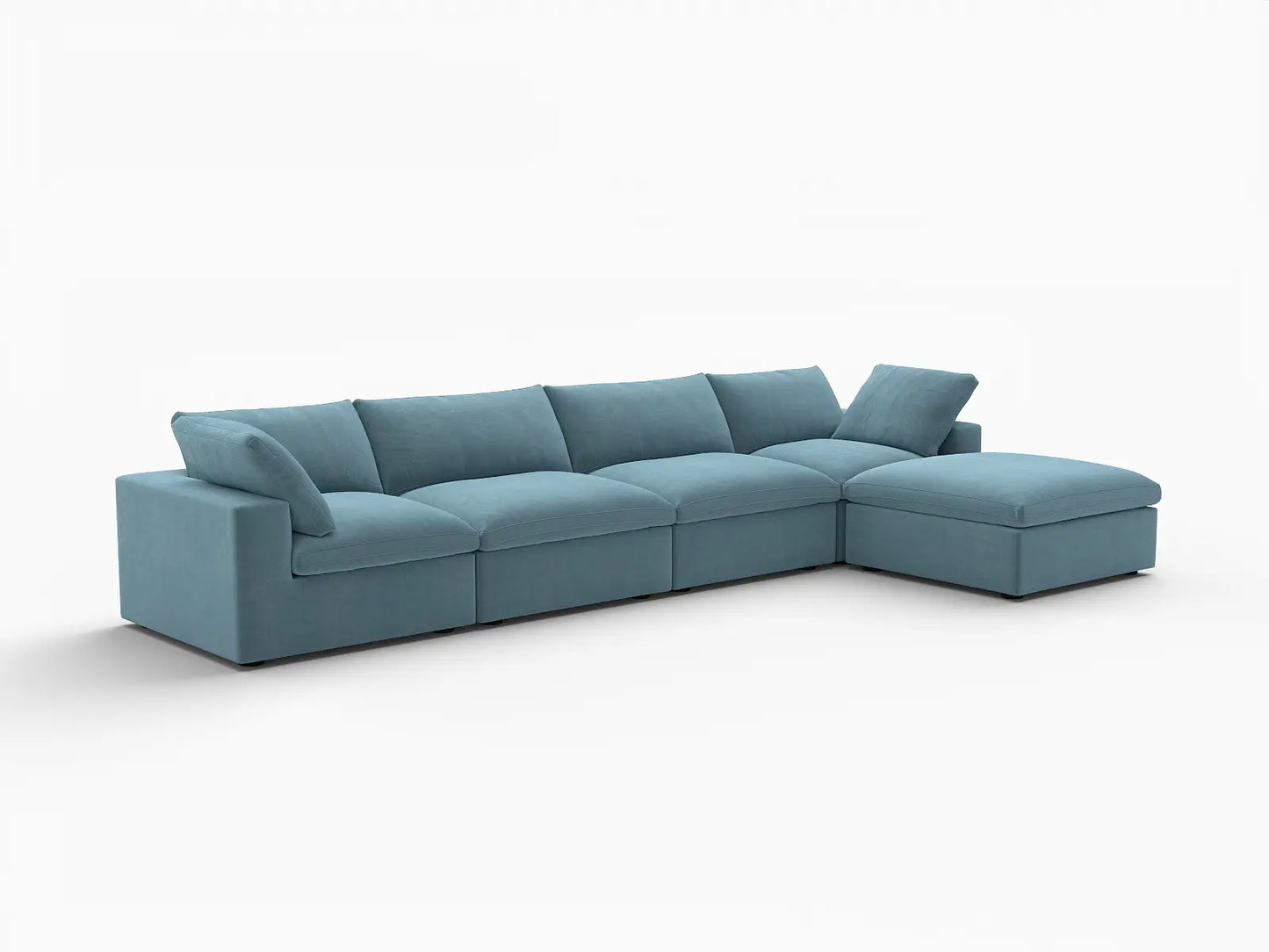 Deluxe Cloud 4-Seater Sofa Set in Light Blue Velvet | 5-Piece (Includes 1 Ottoman), Easy To Clean, Modern Style
