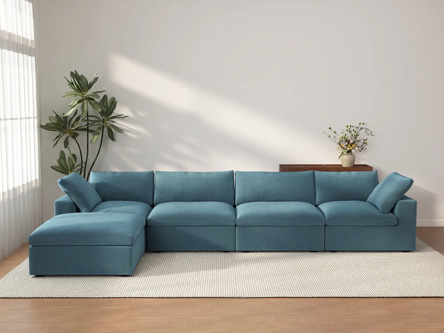 Deluxe Cloud 4-Seater Sofa Set in Light Blue Velvet | 5-Piece (Includes 1 Ottoman), Easy To Clean, Modern Style