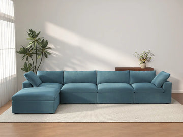 Deluxe Cloud 4-Seater Sofa Set in Light Blue Velvet | 5-Piece (Includes 1 Ottoman), Easy To Clean, Modern Style