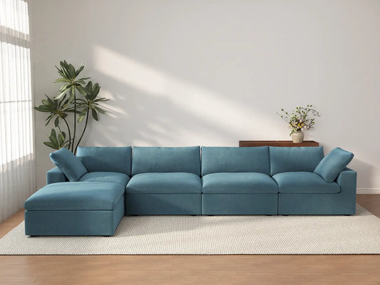 Deluxe Cloud 4-Seater Sofa Set in Light Blue Velvet | 5-Piece (Includes 1 Ottoman), Easy To Clean, Modern Style
