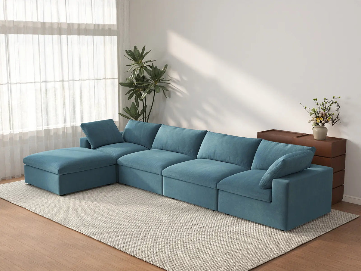 Deluxe Cloud 4-Seater Sofa Set in Light Blue Velvet | 5-Piece (Includes 1 Ottoman), Easy To Clean, Modern Style