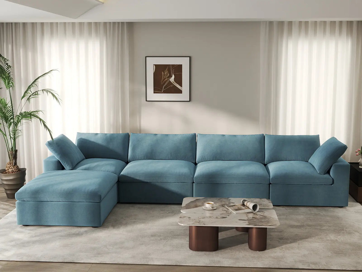 Deluxe Cloud 4-Seater Sofa Set in Light Blue Velvet | 5-Piece (Includes 1 Ottoman), Easy To Clean, Modern Style