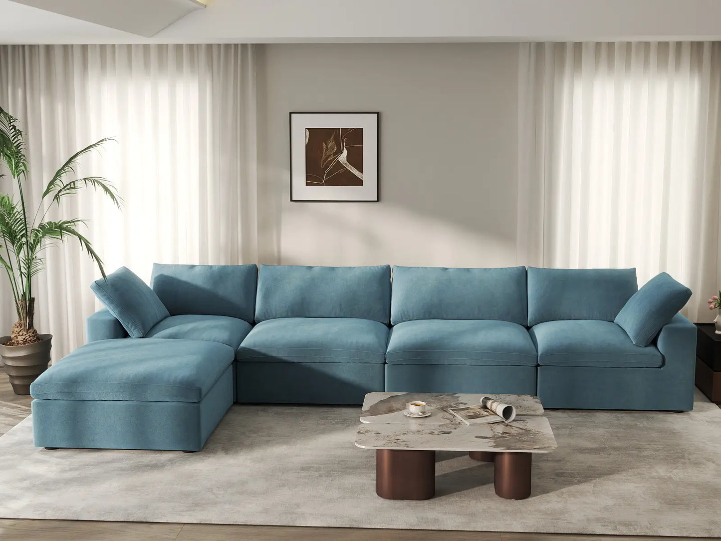 Deluxe Cloud 4-Seater Sofa Set in Light Blue Velvet | 5-Piece (Includes 1 Ottoman), Easy To Clean, Modern Style