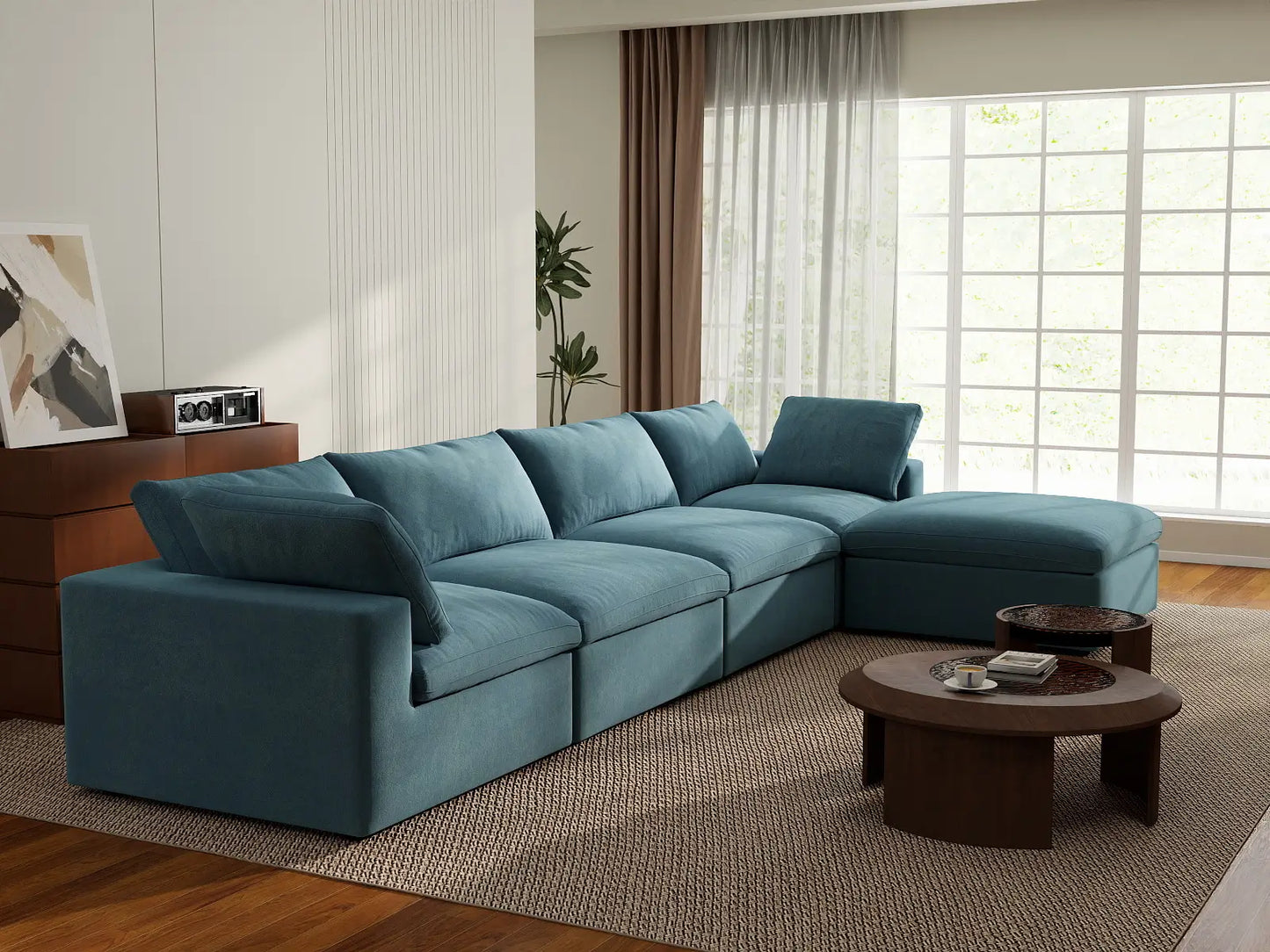 Deluxe Cloud 4-Seater Sofa Set in Light Blue Velvet | 5-Piece (Includes 1 Ottoman), Easy To Clean, Modern Style