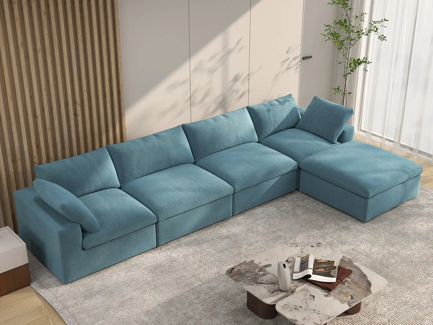 Deluxe Cloud 4-Seater Sofa Set in Light Blue Velvet | 5-Piece (Includes 1 Ottoman), Easy To Clean, Modern Style