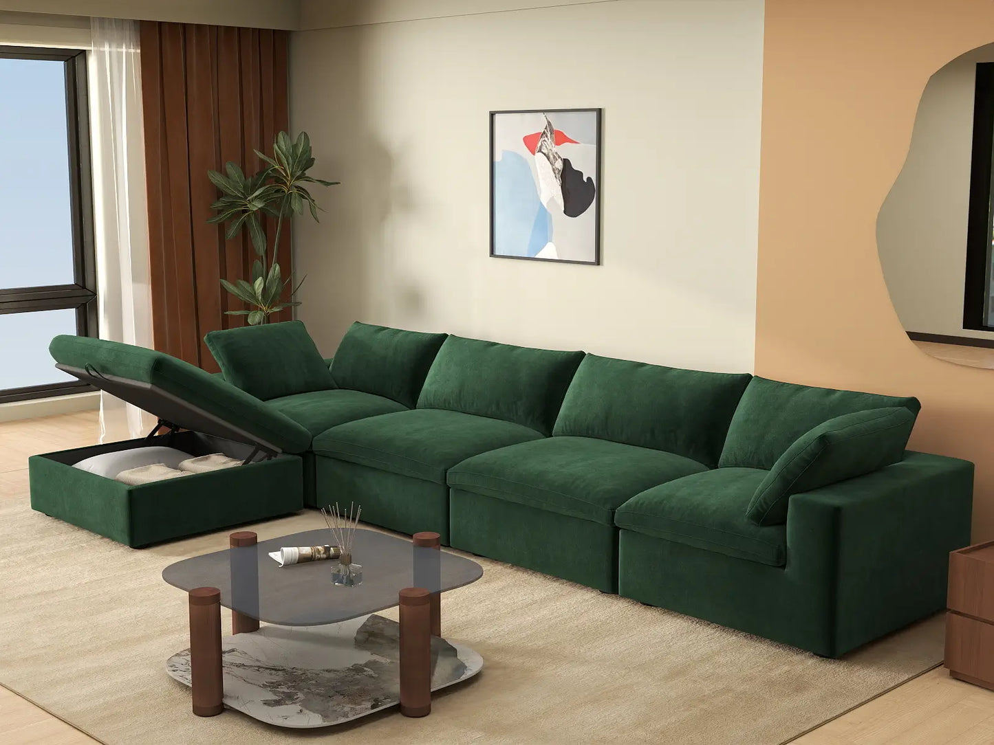 Deluxe Cloud 4-Seater Sofa Set in Olive Green Velvet | 5-Piece (Includes 1 Ottoman), Easy To Clean, Large Space