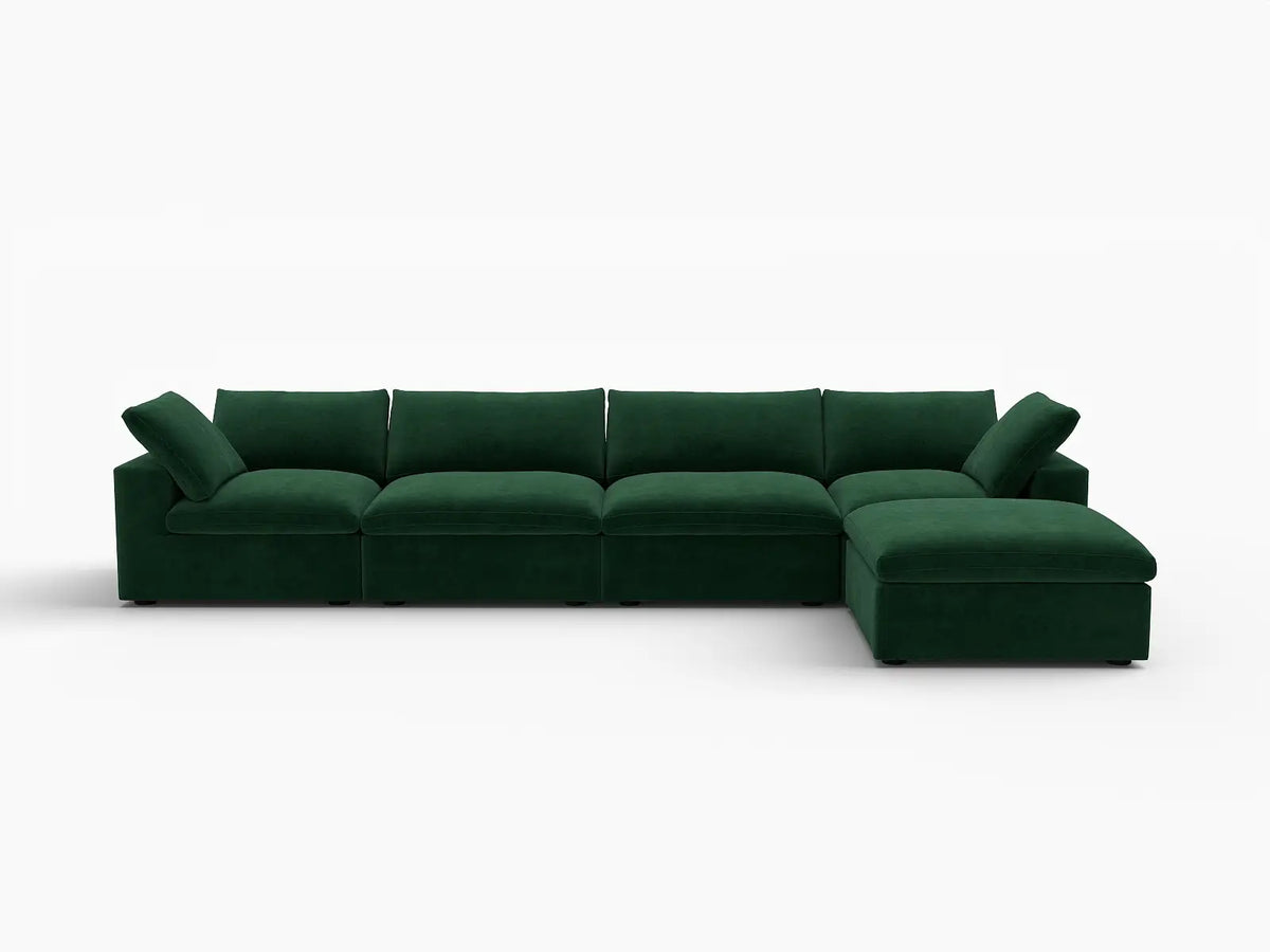 Deluxe Cloud 4-Seater Sofa Set in Olive Green Velvet | 5-Piece (Includes 1 Ottoman), Easy To Clean, Large Space