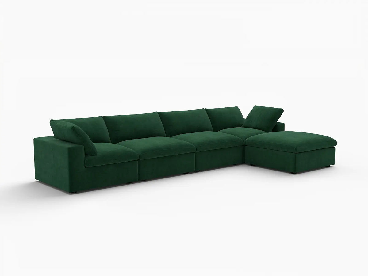 Deluxe Cloud 4-Seater Sofa Set in Olive Green Velvet | 5-Piece (Includes 1 Ottoman), Easy To Clean, Large Space