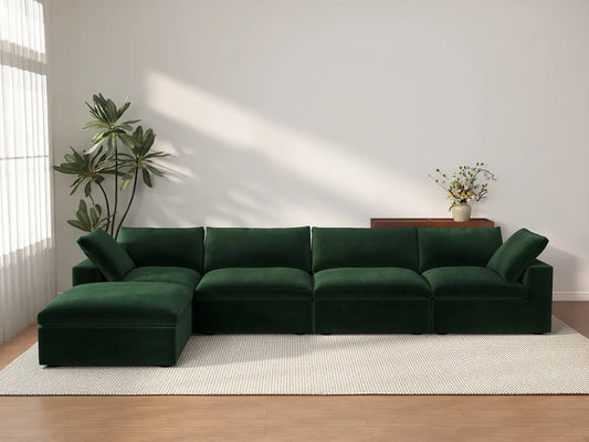 Deluxe Cloud 4-Seater Sofa Set in Olive Green Velvet | 5-Piece (Includes 1 Ottoman), Easy To Clean, Large Space