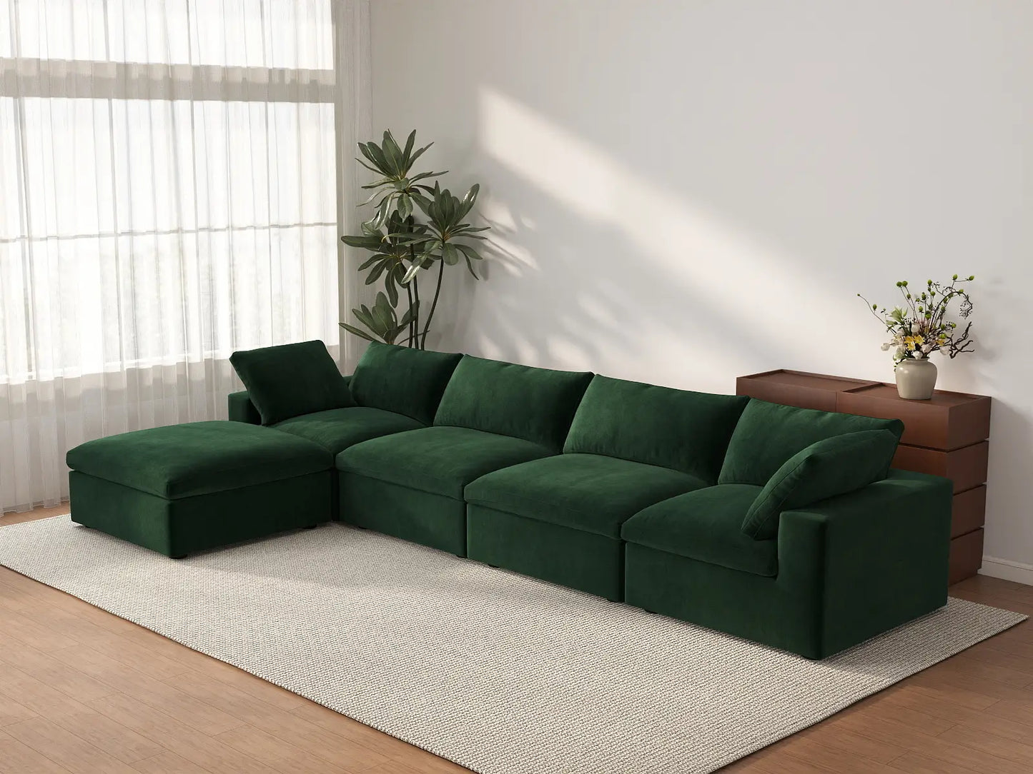 Deluxe Cloud 4-Seater Sofa Set in Olive Green Velvet | 5-Piece (Includes 1 Ottoman), Easy To Clean, Large Space