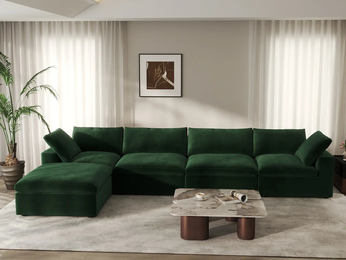 Deluxe Cloud 4-Seater Sofa Set in Olive Green Velvet | 5-Piece (Includes 1 Ottoman), Easy To Clean, Large Space