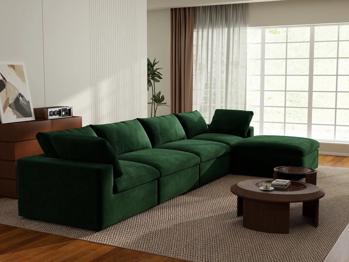Deluxe Cloud 4-Seater Sofa Set in Olive Green Velvet | 5-Piece (Includes 1 Ottoman), Easy To Clean, Large Space