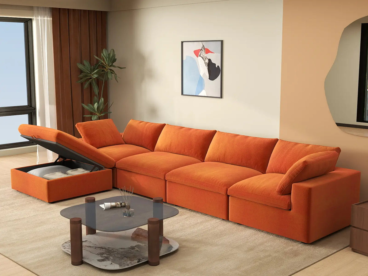 Deluxe Cloud 4-Seater Sofa Set in Orange Velvet | 5-Piece (Includes 1 Ottoman), Easy To Clean, Contemporary Style