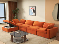 Deluxe Cloud 4-Seater Sofa Set in Orange Velvet | 5-Piece (Includes 1 Ottoman), Easy To Clean, Contemporary Style