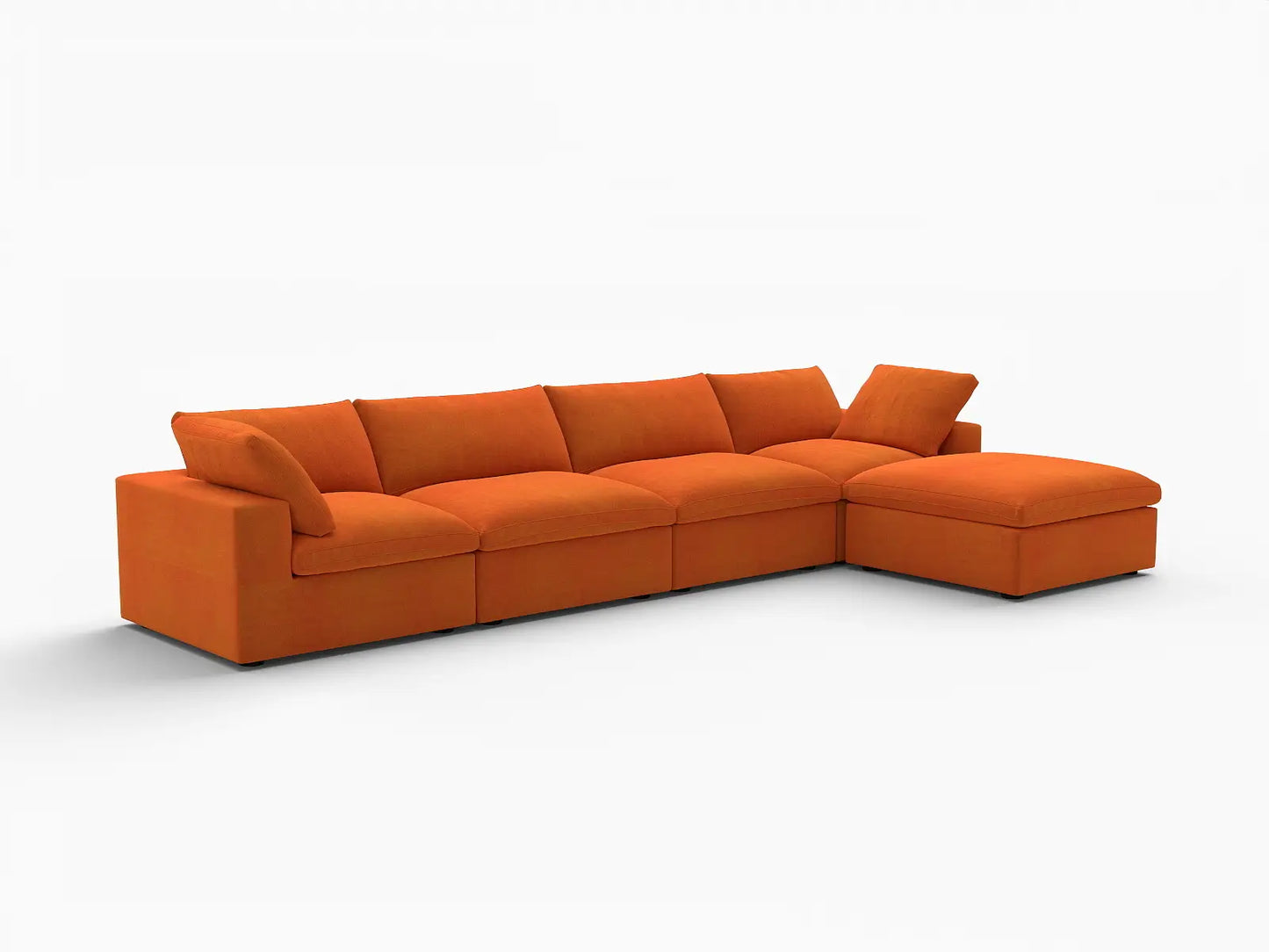 Deluxe Cloud 4-Seater Sofa Set in Orange Velvet | 5-Piece (Includes 1 Ottoman), Easy To Clean, Contemporary Style