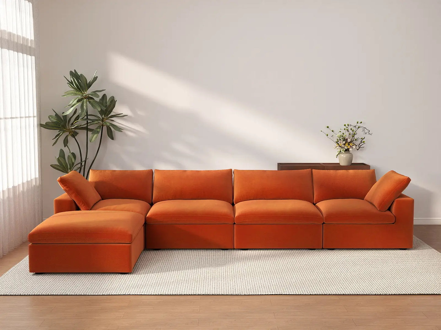 Deluxe Cloud 4-Seater Sofa Set in Orange Velvet | 5-Piece (Includes 1 Ottoman), Easy To Clean, Contemporary Style