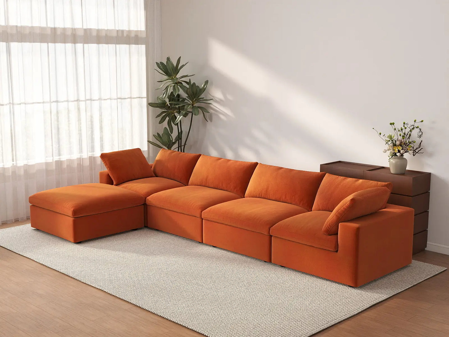 Deluxe Cloud 4-Seater Sofa Set in Orange Velvet | 5-Piece (Includes 1 Ottoman), Easy To Clean, Contemporary Style