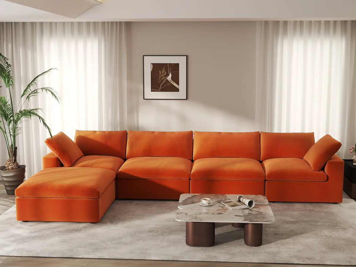 Deluxe Cloud 4-Seater Sofa Set in Orange Velvet | 5-Piece (Includes 1 Ottoman), Easy To Clean, Contemporary Style