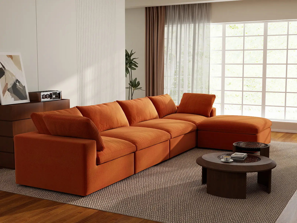 Deluxe Cloud 4-Seater Sofa Set in Orange Velvet | 5-Piece (Includes 1 Ottoman), Easy To Clean, Contemporary Style