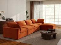 Deluxe Cloud 4-Seater Sofa Set in Orange Velvet | 5-Piece (Includes 1 Ottoman), Easy To Clean, Contemporary Style