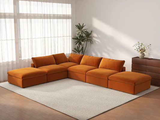Deluxe Cloud 4-Seater Sofa Set in Terracotta Velvet | 6-Piece (Includes 2 Ottomans), Easy To Clean, Contemporary Style