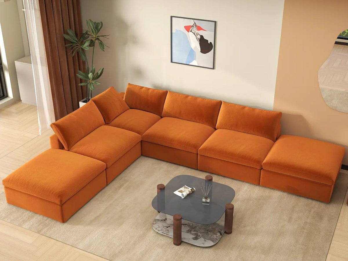 Deluxe Cloud 4-Seater Sofa Set in Terracotta Velvet | 6-Piece (Includes 2 Ottomans), Easy To Clean, Contemporary Style