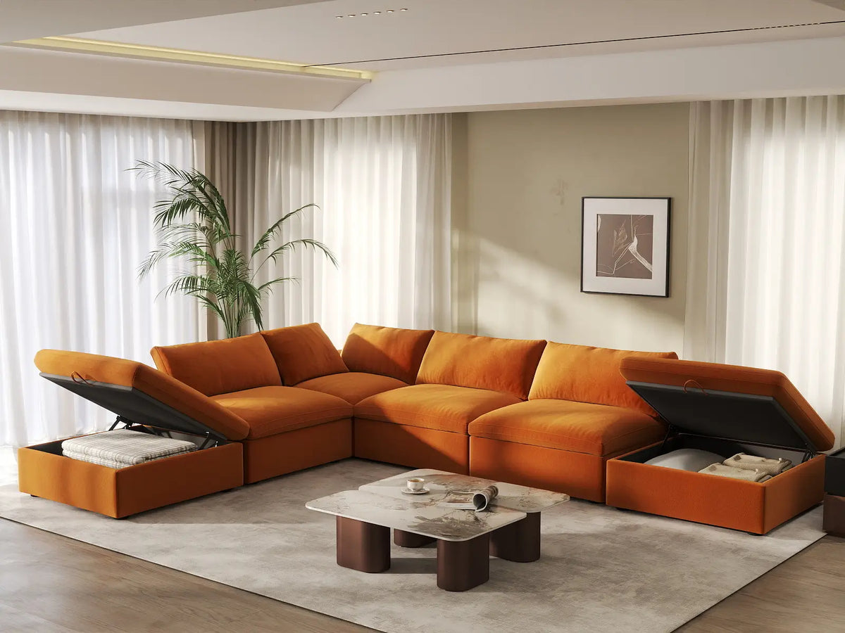 Deluxe Cloud 4-Seater Sofa Set in Terracotta Velvet | 6-Piece (Includes 2 Ottomans), Easy To Clean, Contemporary Style
