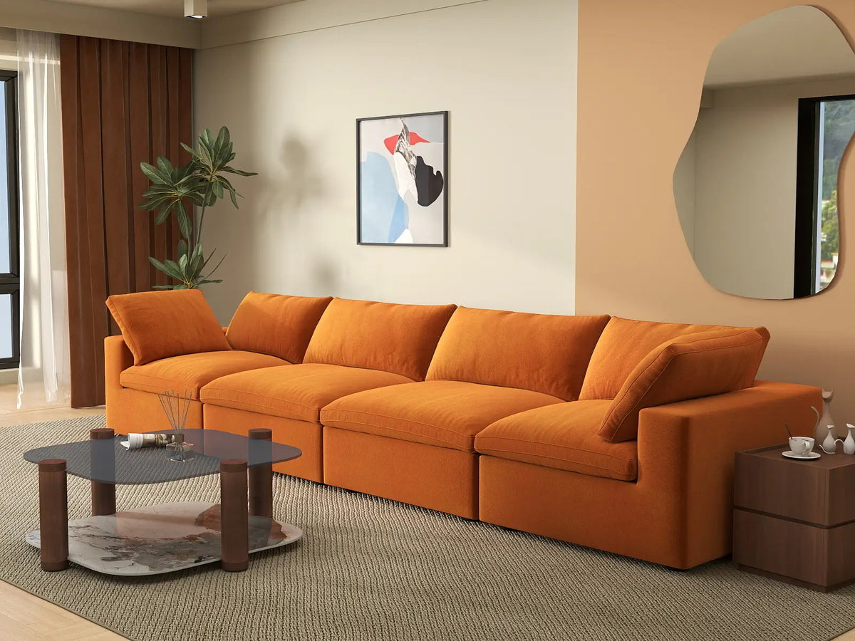 Deluxe Cloud 4-Seater Terracotta Couch Sectional | 4-Piece, Velvet Fabric, Living Room Seating, Washable Cushion Covers