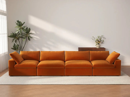 Deluxe Cloud 4-Seater Terracotta Couch Sectional | 4-Piece, Velvet Fabric, Living Room Seating, Washable Cushion Covers
