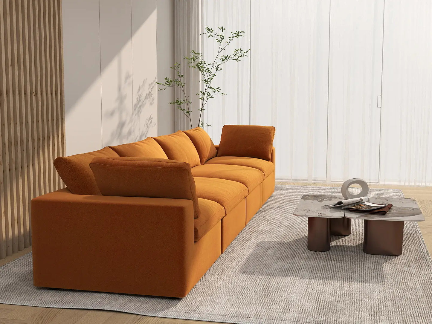 Deluxe Cloud 4-Seater Terracotta Couch Sectional | 4-Piece, Velvet Fabric, Living Room Seating, Washable Cushion Covers