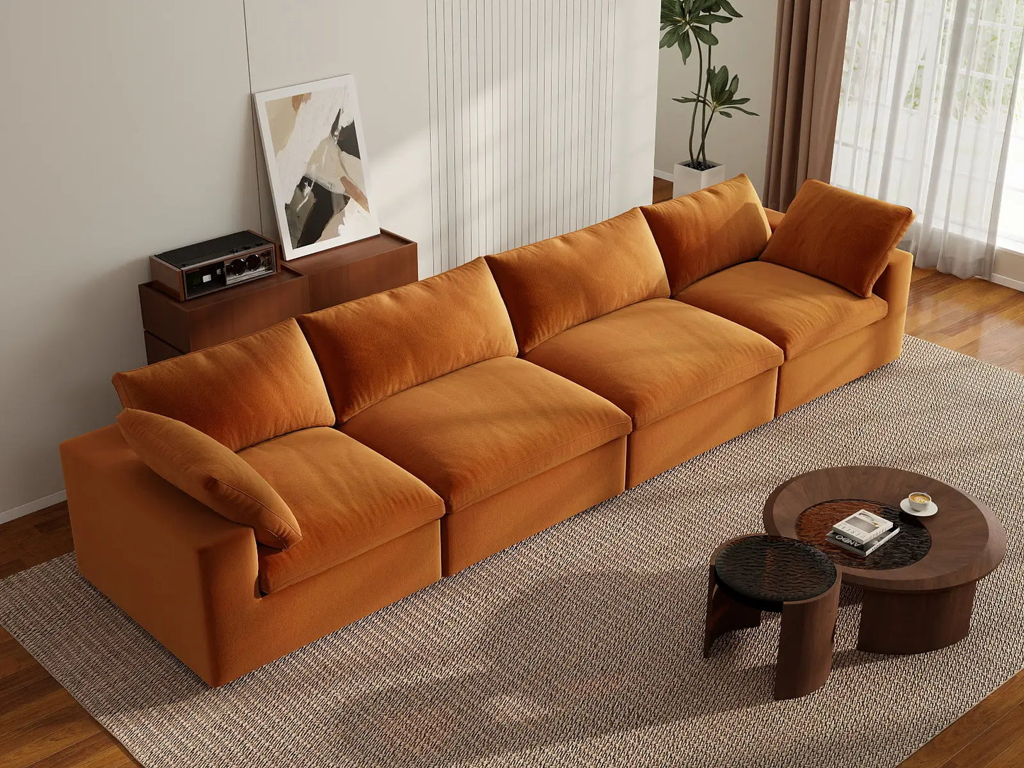 Deluxe Cloud 4-Seater Terracotta Couch Sectional | 4-Piece, Velvet Fabric, Living Room Seating, Washable Cushion Covers