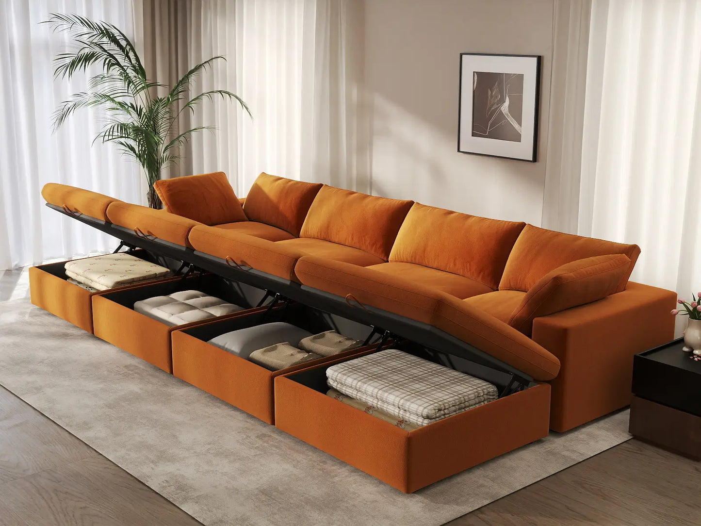 Deluxe Cloud 4-Seater Terracotta Pit Sectional | 8-Piece (Includes 4 Ottomans), Velvet Fabric, Family Room Seating, Washable Cushion Covers
