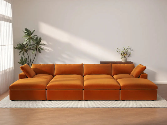 Deluxe Cloud 4-Seater Terracotta Pit Sectional | 8-Piece (Includes 4 Ottomans), Velvet Fabric, Family Room Seating, Washable Cushion Covers