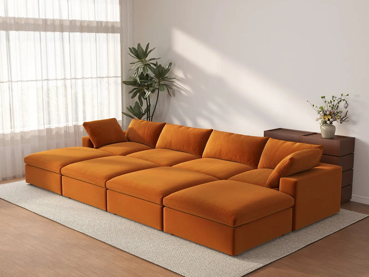 Deluxe Cloud 4-Seater Terracotta Pit Sectional | 8-Piece (Includes 4 Ottomans), Velvet Fabric, Family Room Seating, Washable Cushion Covers