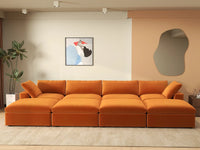 Deluxe Cloud 4-Seater Terracotta Pit Sectional | 8-Piece (Includes 4 Ottomans), Velvet Fabric, Family Room Seating, Washable Cushion Covers