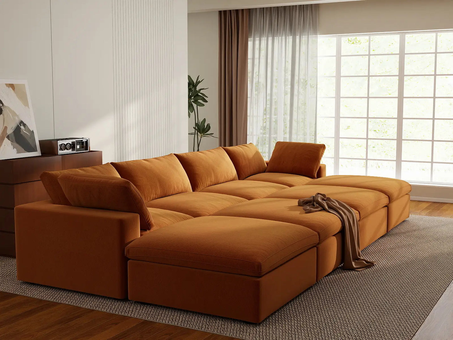 Deluxe Cloud 4-Seater Terracotta Pit Sectional | 8-Piece (Includes 4 Ottomans), Velvet Fabric, Family Room Seating, Washable Cushion Covers