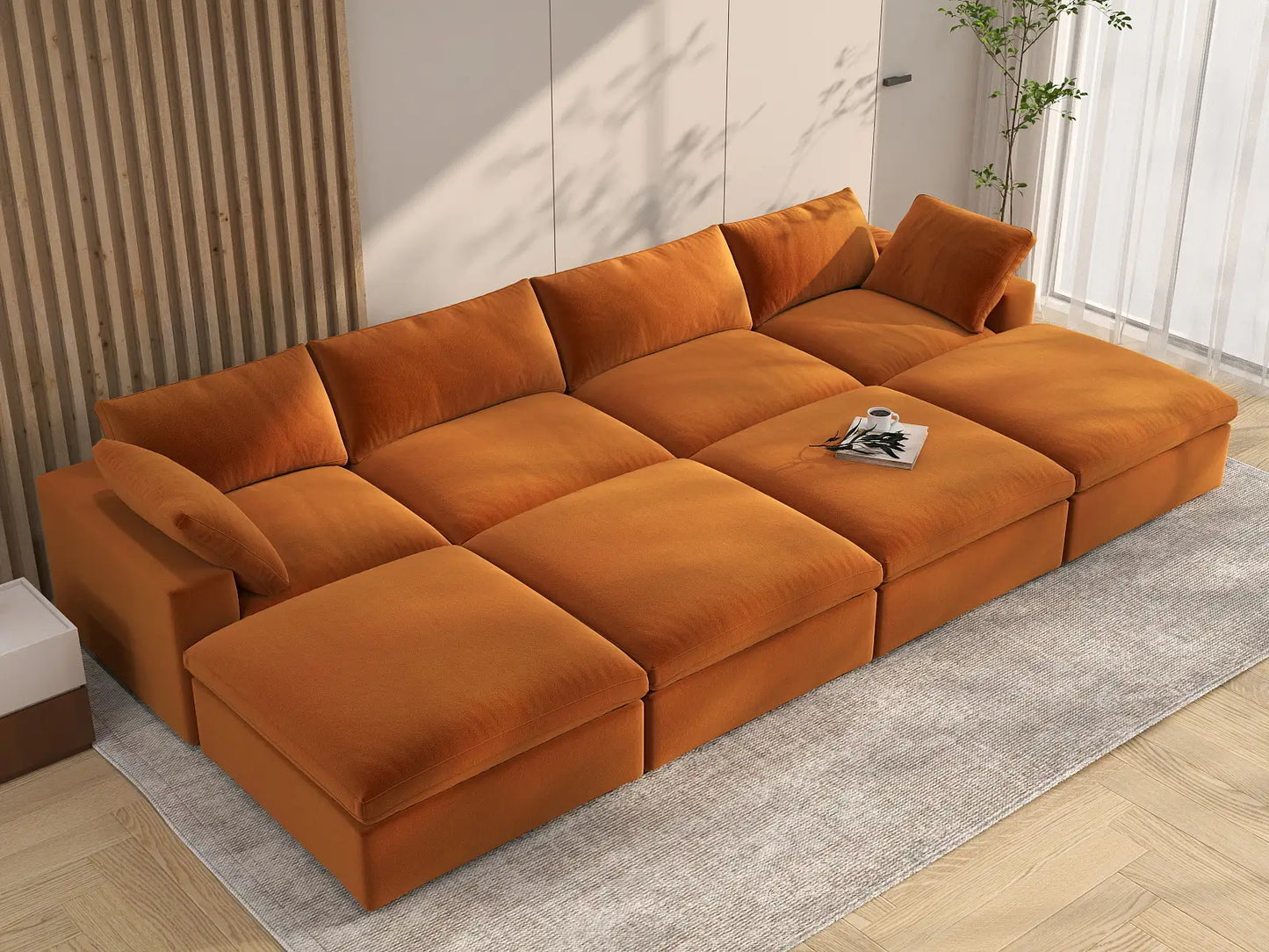 Deluxe Cloud 4-Seater Terracotta Pit Sectional | 8-Piece (Includes 4 Ottomans), Velvet Fabric, Family Room Seating, Washable Cushion Covers