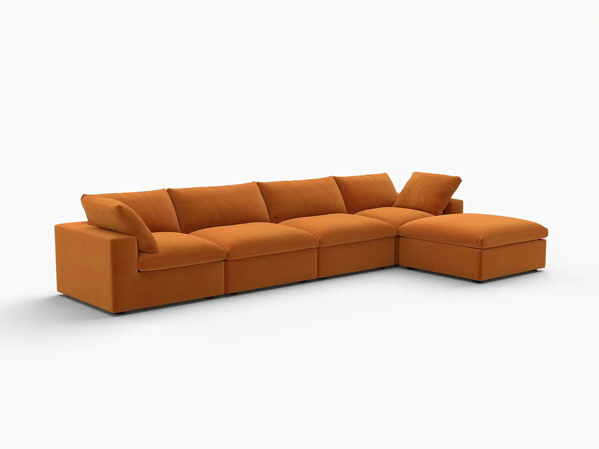 Deluxe Cloud 4-Seater Terracotta Sofa Set | 5-Piece (Includes 1 Ottoman), Velvet Fabric, Washable Cushion Covers