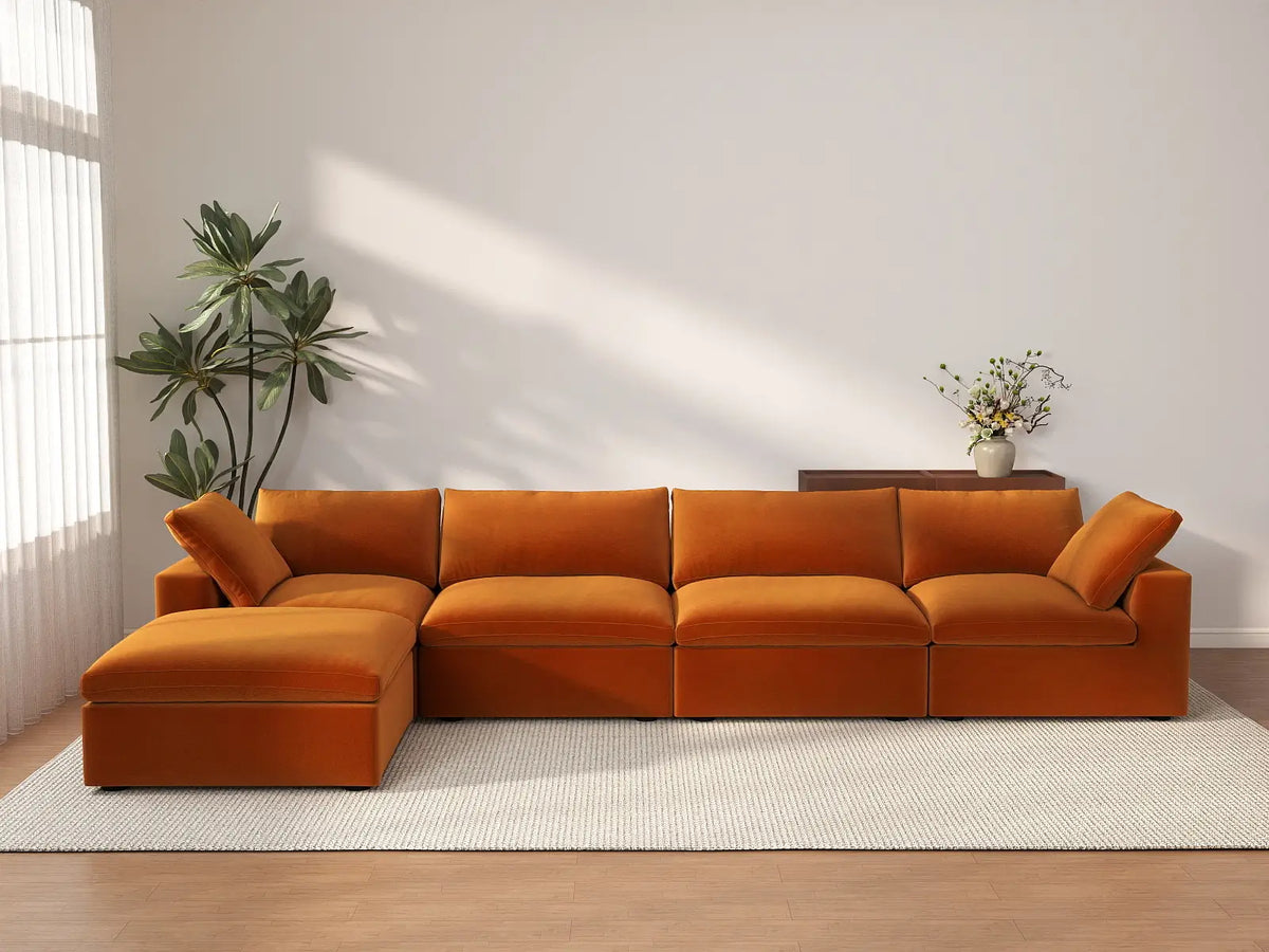 Deluxe Cloud 4-Seater Terracotta Sofa Set | 5-Piece (Includes 1 Ottoman), Velvet Fabric, Washable Cushion Covers