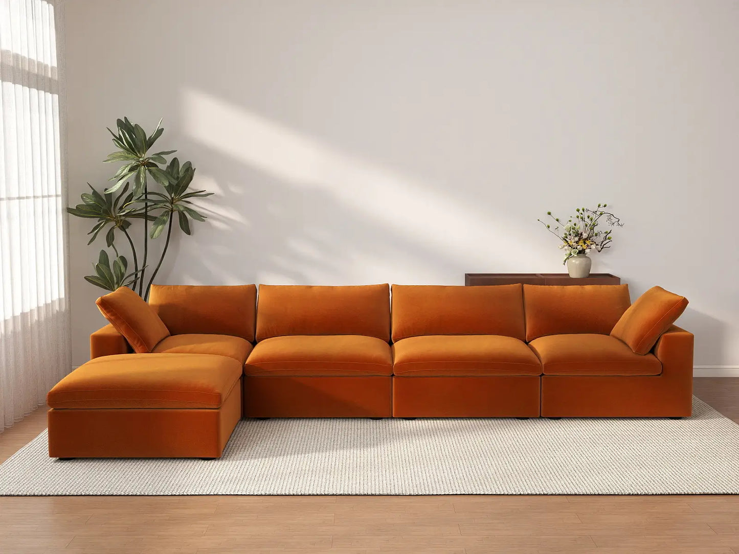 Deluxe Cloud 4-Seater Terracotta Sofa Set | 5-Piece (Includes 1 Ottoman), Velvet Fabric, Washable Cushion Covers