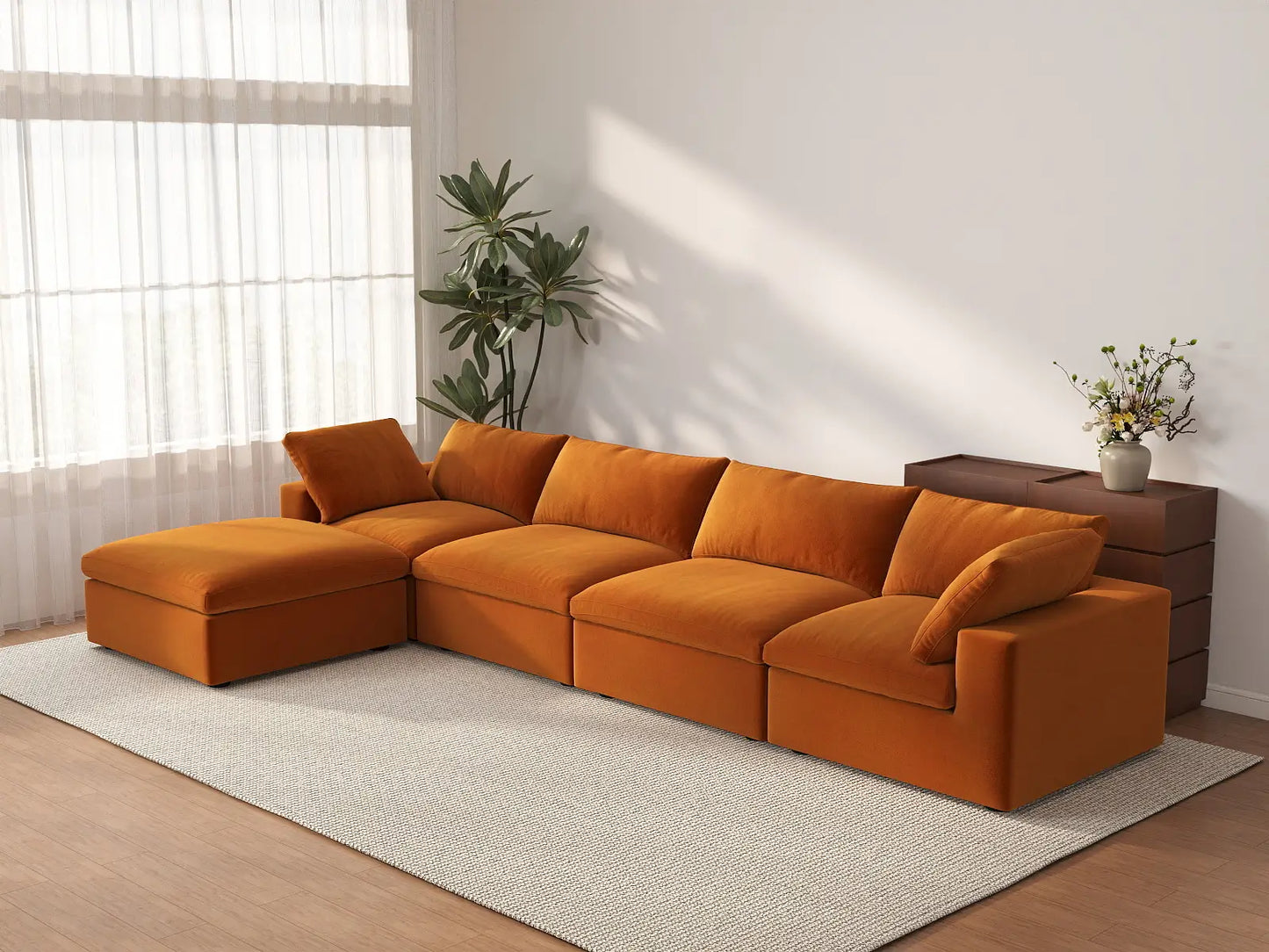 Deluxe Cloud 4-Seater Terracotta Sofa Set | 5-Piece (Includes 1 Ottoman), Velvet Fabric, Washable Cushion Covers