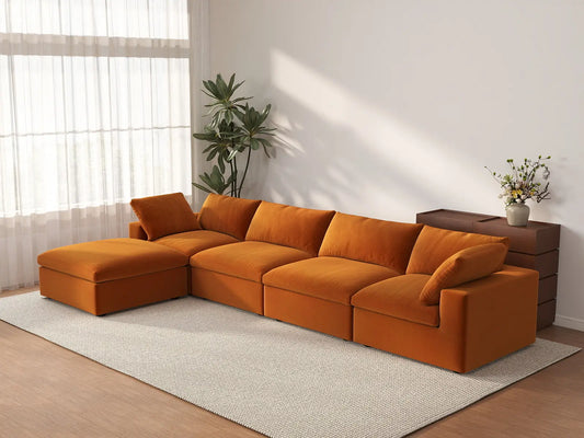 Deluxe Cloud 4-Seater Terracotta Sofa Set | 5-Piece (Includes 1 Ottoman), Velvet Fabric, Washable Cushion Covers