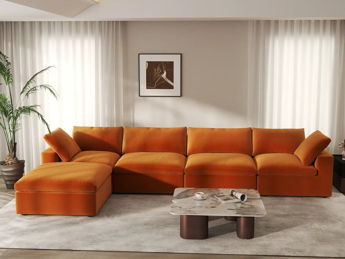 Deluxe Cloud 4-Seater Terracotta Sofa Set | 5-Piece (Includes 1 Ottoman), Velvet Fabric, Washable Cushion Covers